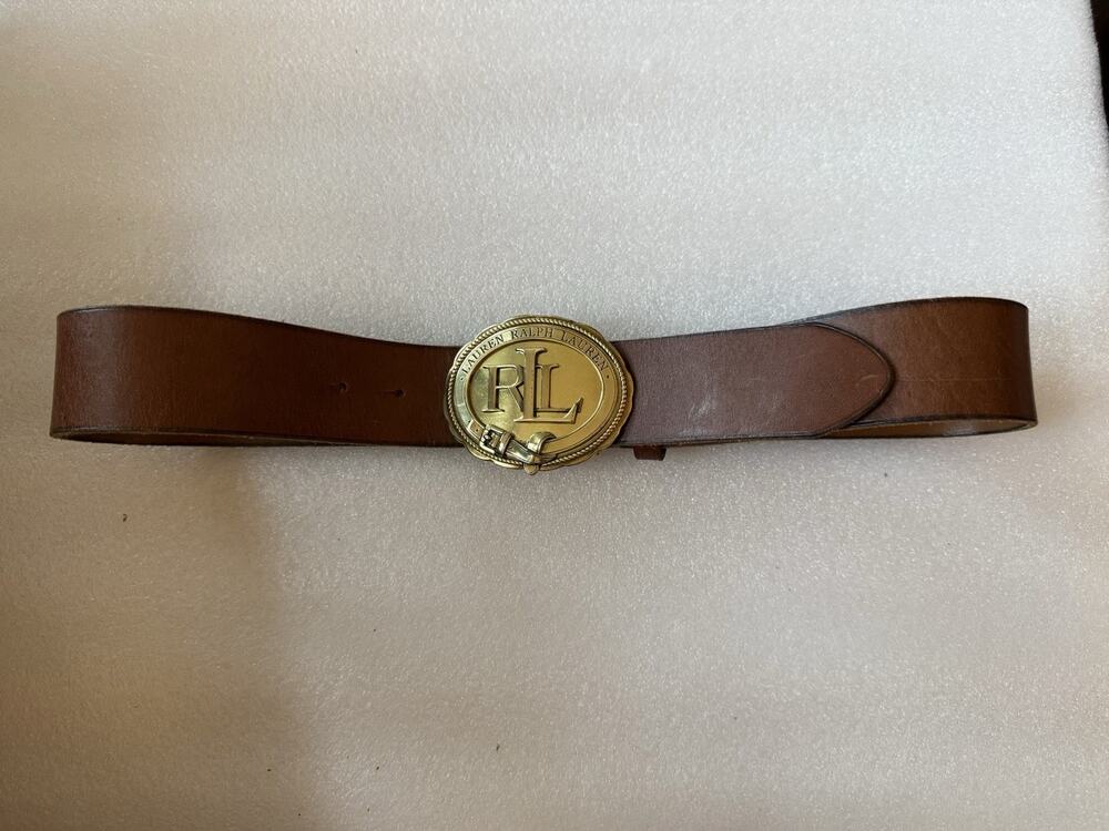 Lauren Ralph Lauren Brown Leather Brass Good Logo Buckle Belt Small